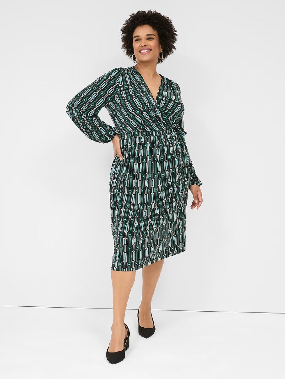 Lane Bryant Faux-Wrap Jersey Dress Size 18/20 Teal Black Geometric Print
